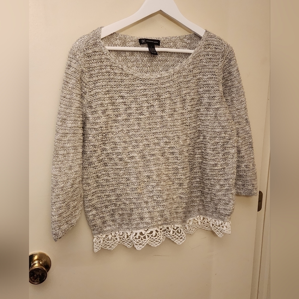INC International Concepts Gray Sweater lace trim hem size Large - Picture 1 of 3